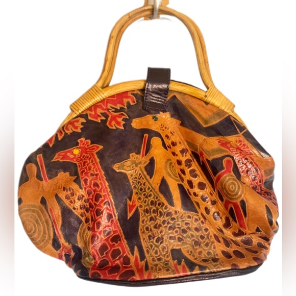 Handbags - Vintage  stiff leather bucket bag Africa Safari tribal print rattan handle